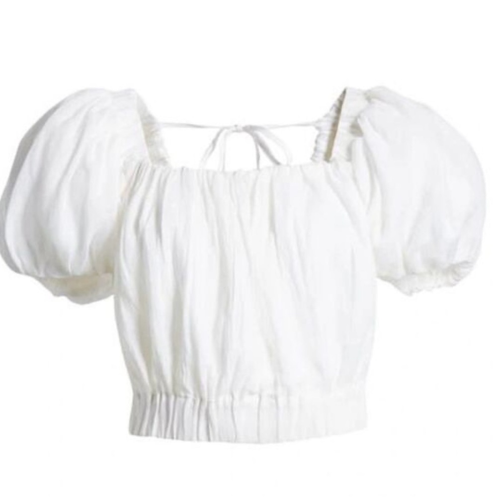 Frame Ruched Crop Puff
Sleeve Blouse in Blanc